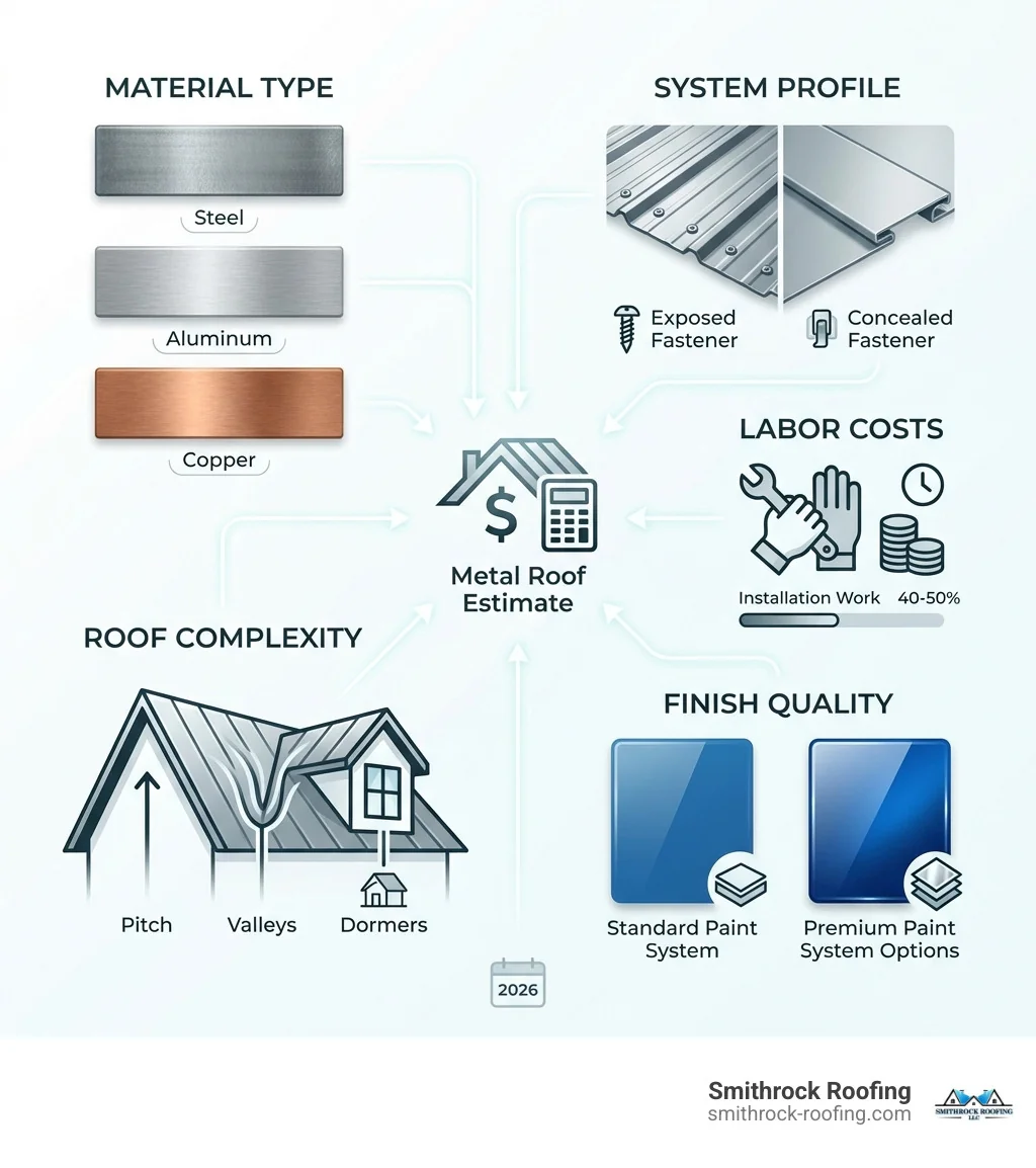 infographic showing five key factors affecting metal roof estimates: material type showing steel aluminum copper samples, system profile comparing exposed versus concealed fasteners, roof complexity illustrating pitch valleys and dormers, labor costs showing installation work, and finish quality displaying paint system options - metal roof estimates infographic Infographic outlining five factors affecting metal roof pricing: material, profile, complexity, labor, and finish quality.