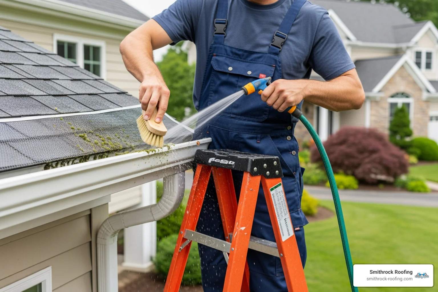 A homeowner on a ladder using a small brush and a garden hose to desperately scrub fine silt and algae off a micro-mesh gutter guard - why gutter guards are bad Homeowner scrubbing silt and algae off micro-mesh gutter guards, showing why gutter guards can cause more trouble than they'r