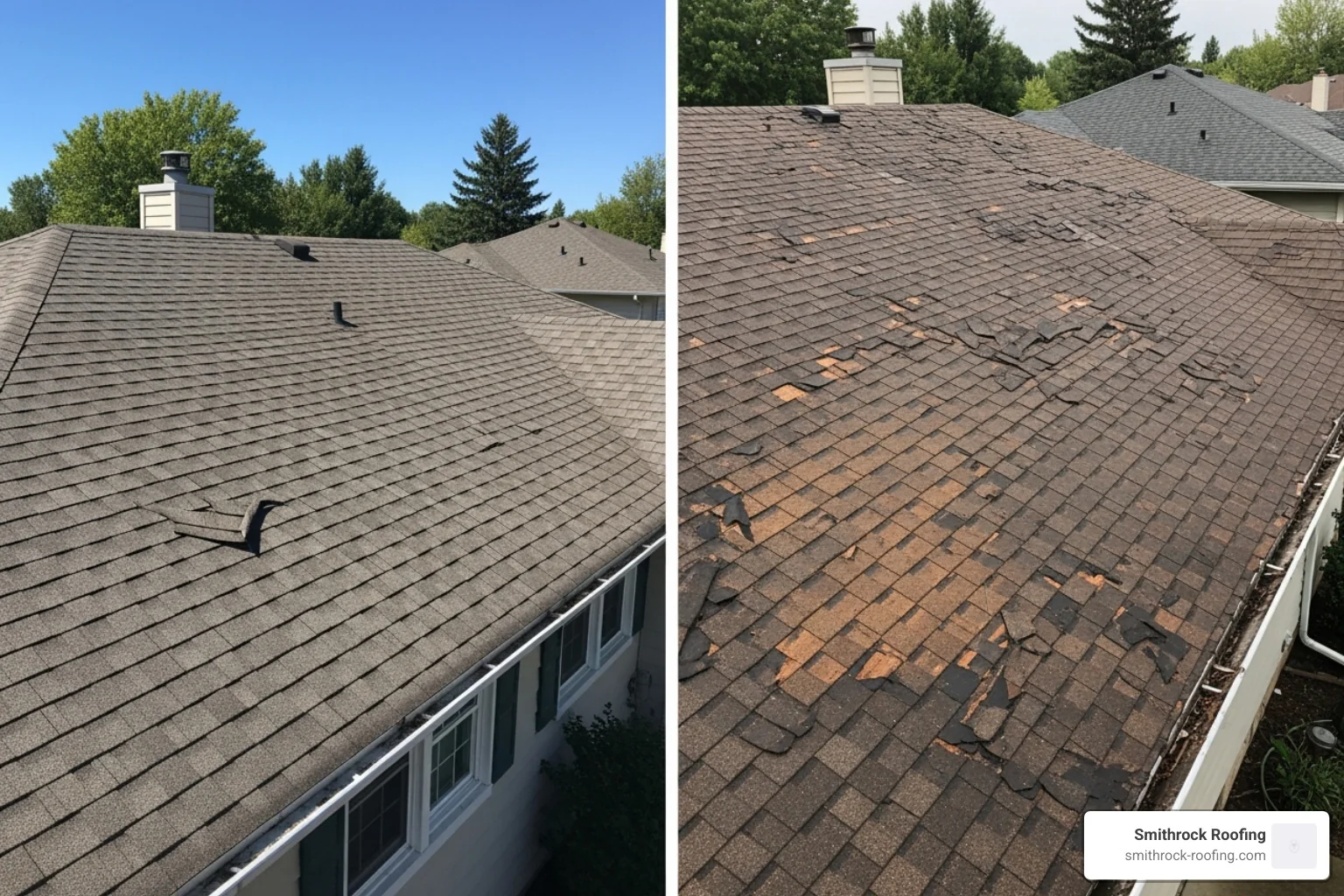 Side-by-side comparison of a roof with minor damage versus one with extensive wear and deterioration - roof replacement costs