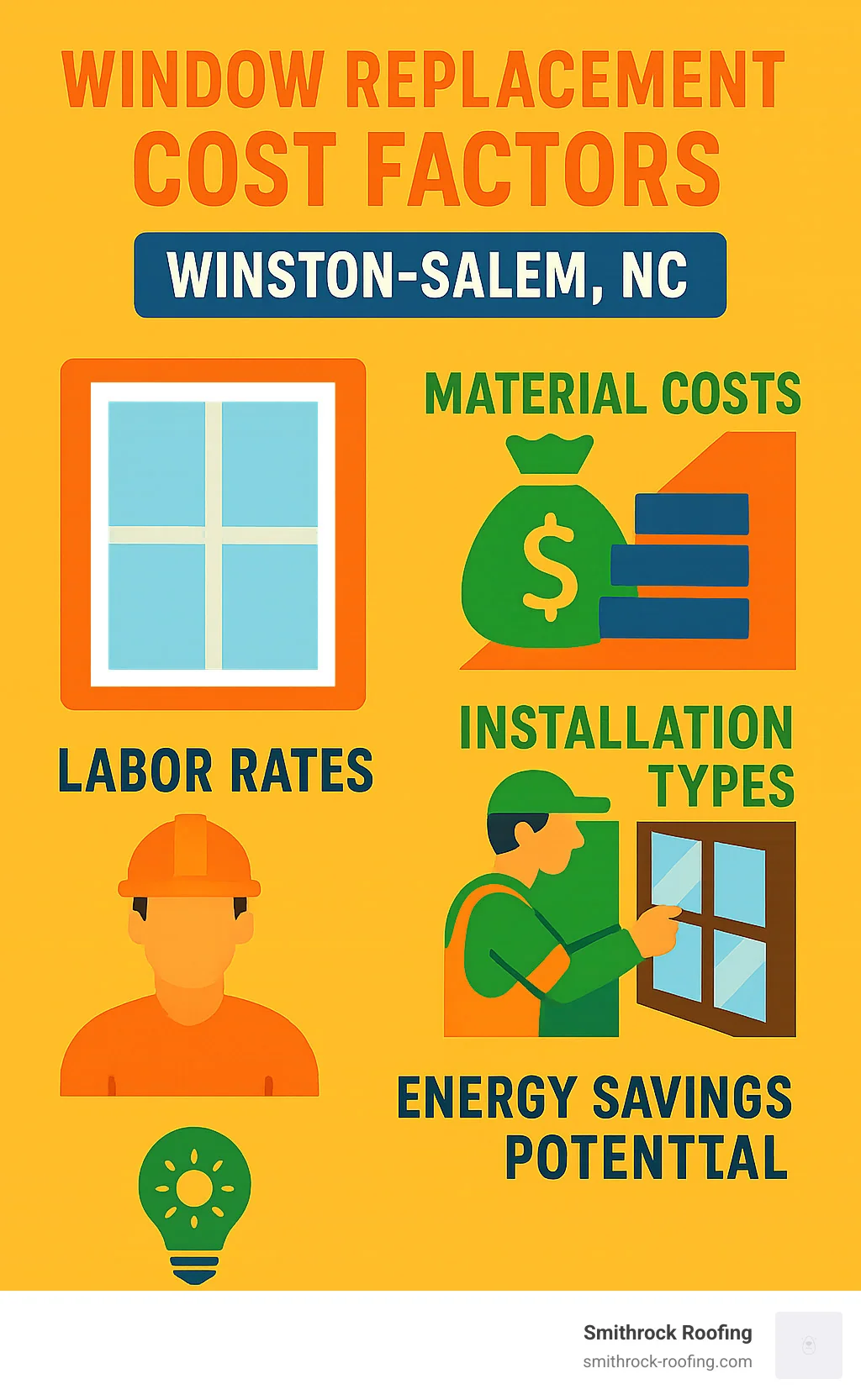 Detailed breakdown of window replacement cost factors in Winston-Salem NC including material costs, labor rates, installation types, and energy savings potential - window replacement cost winston salem nc infographic Infographic breaking down window replacement cost in Winston-Salem NC covering materials, labor, installation, and energy sav