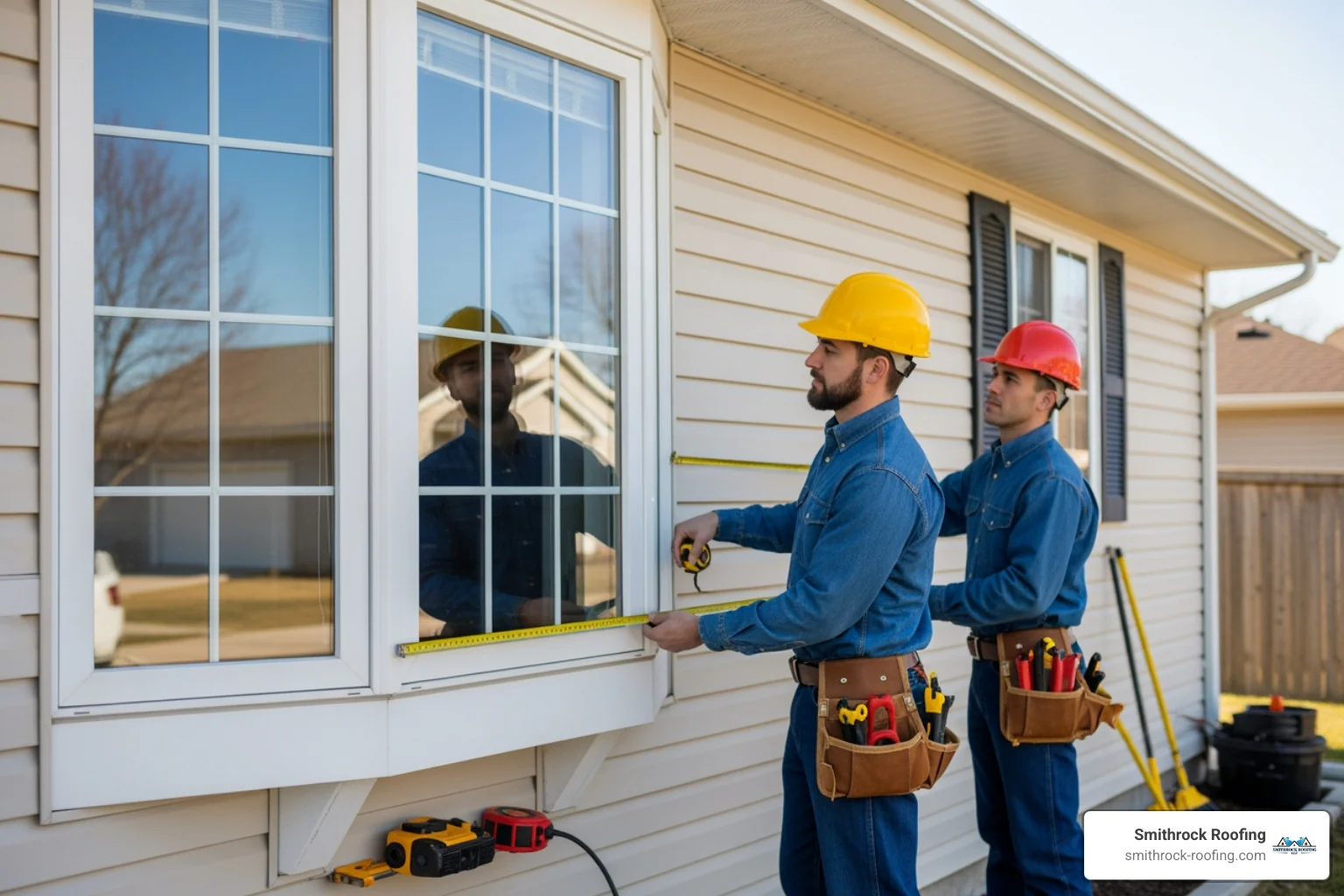 professional installers measuring an exterior wall for a bay window - cost to add a bay window professional installers measuring an exterior wall for a bay window - cost to add a bay window