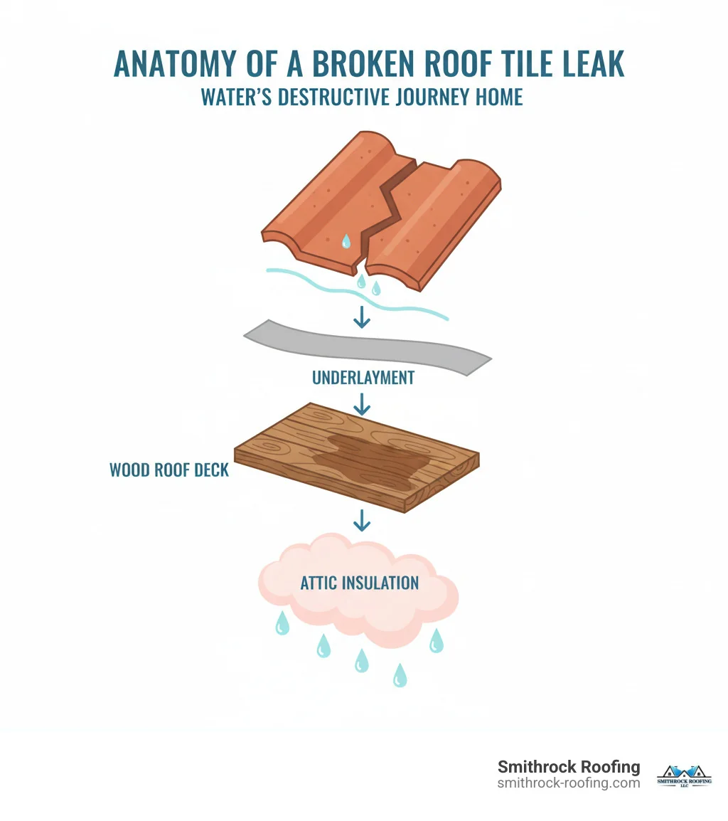 Infographic showing the anatomy of a broken roof tile leak: a cracked clay tile at the top, water seeping through the crack, penetrating the underlayment layer below, soaking into the wooden roof deck, and finally dripping onto pink insulation in the attic space, with arrows indicating the water's path downward through each layer - broken roof tile leak infographic Infographic showing how a broken roof tile leak travels through cracked clay, underlayment, wood deck, and attic insulation.