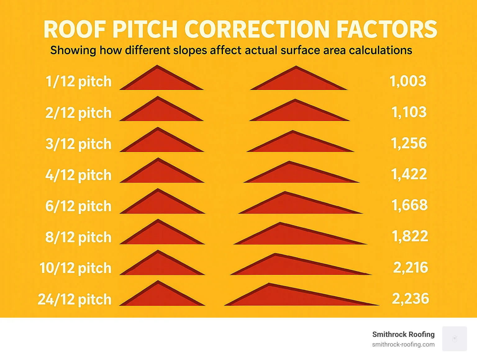 Infographic explaining roof pitch correction factors from low to steep slopes Infographic explaining roof pitch correction factors from low to steep slopes