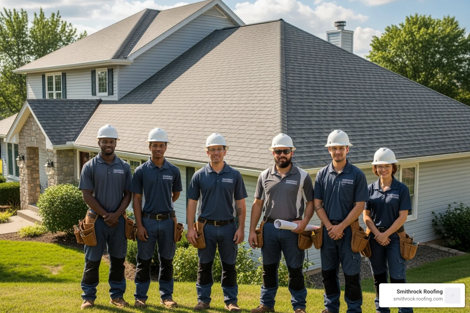 Smithrock Roofing team standing in front of a completed roofing project - roof replacement cost 2025 Smithrock Roofing team standing in front of a completed roofing project - roof replacement cost 2025