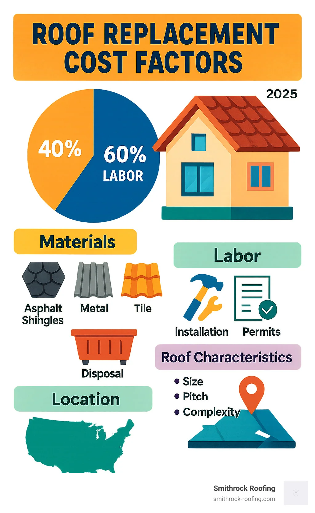 Comprehensive breakdown of roof replacement cost factors including materials (40% - asphalt shingles, metal, tile, slate), labor (60% - installation, permits, disposal), roof characteristics (size, pitch, complexity), and location-based pricing variations - roof replacement cost infographic Infographic breaking down roof replacement cost factors: materials, labor, size, pitch, and regional pricing variations.