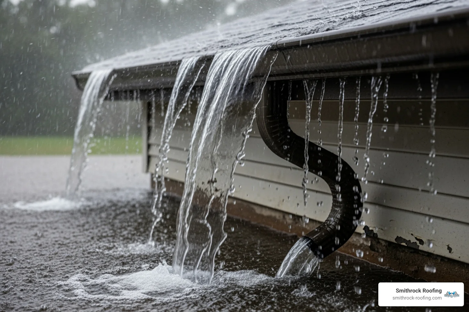 An overflowing gutter during a rainstorm - cost of cleaning gutters and downspouts An overflowing gutter during a rainstorm - cost of cleaning gutters and downspouts