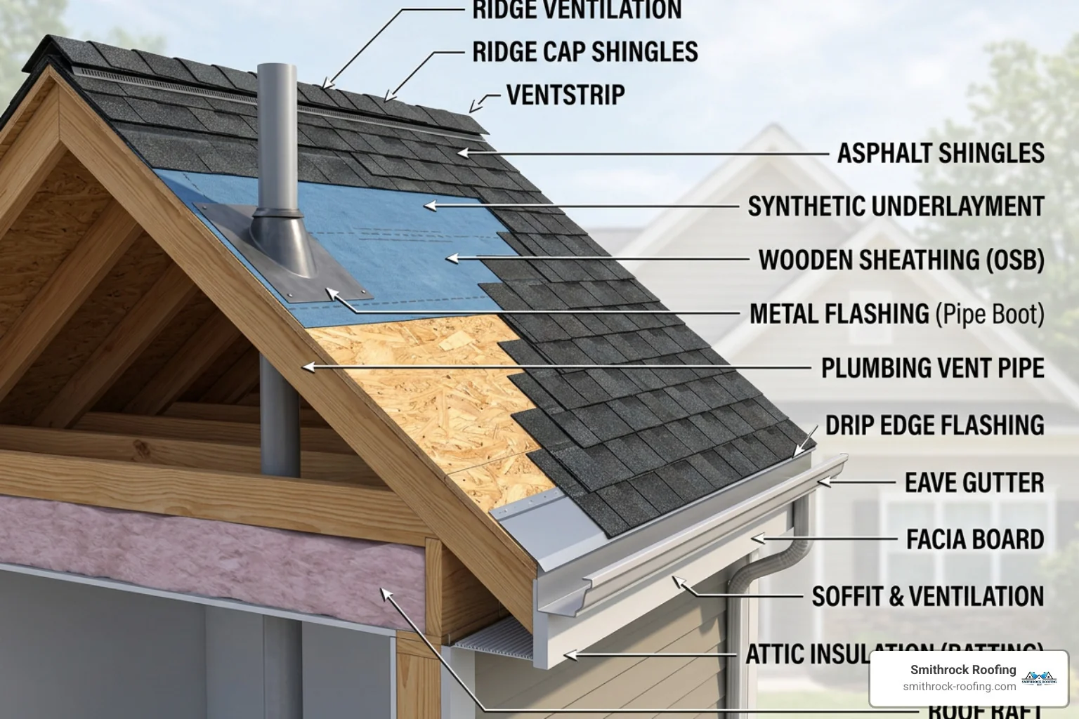 Detailed roof cross-section showing underlayment, flashing, and shingles - high quality roof Detailed roof cross-section showing underlayment, flashing, and shingles - high quality roof