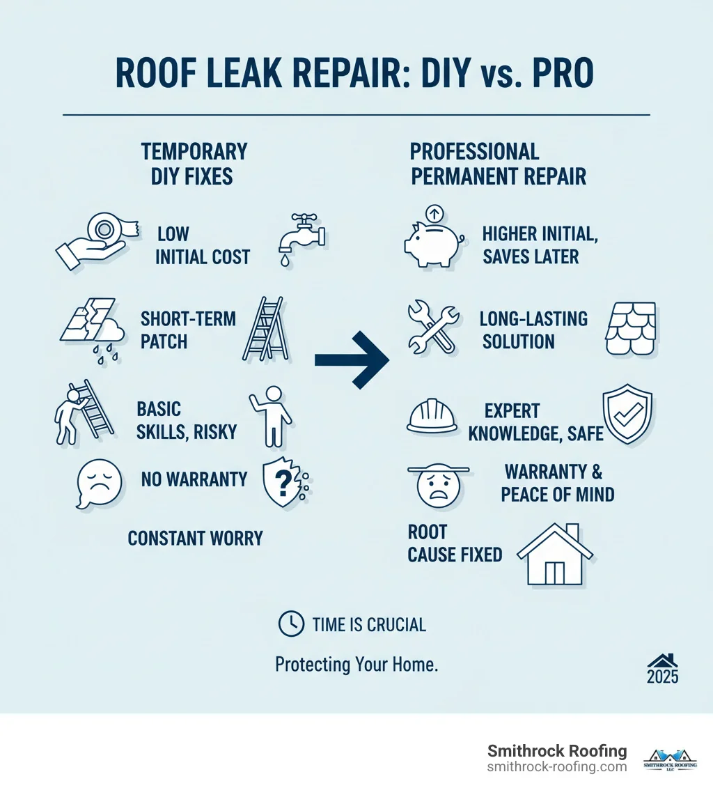 Comparison of Temporary DIY Fixes vs. Professional Permanent Repair - roof leak repair infographic Comparison of Temporary DIY Fixes vs. Professional Permanent Repair - roof leak repair infographic