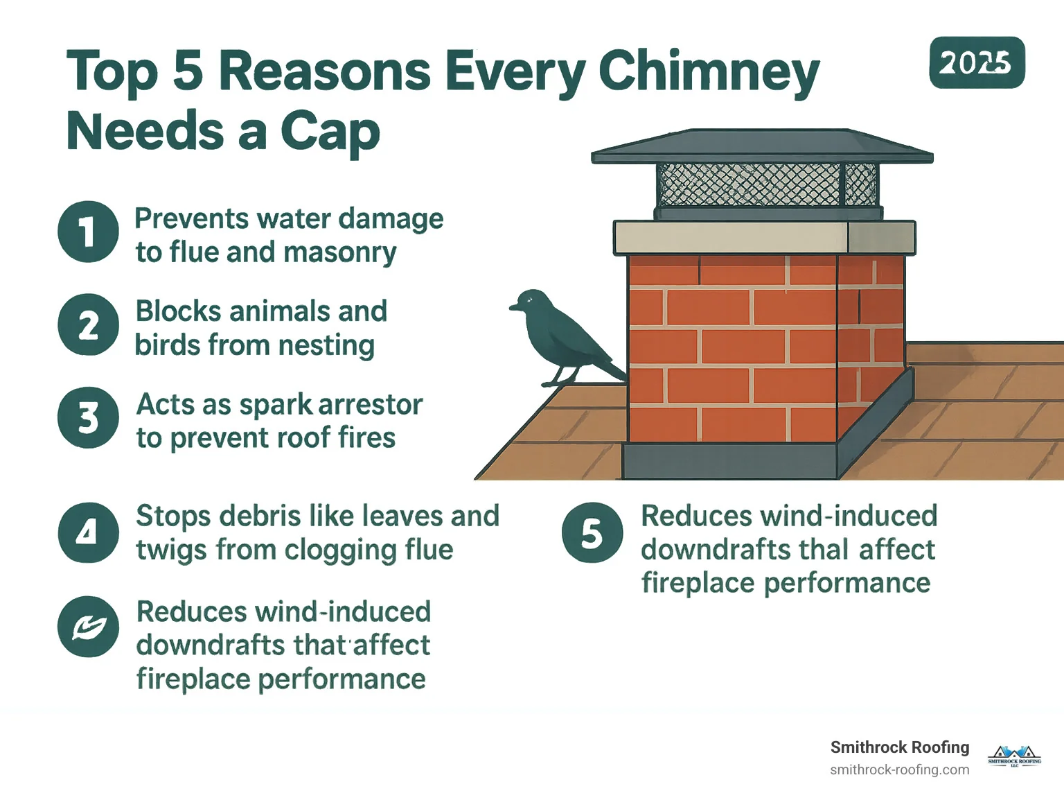 Infographic showing the top 5 reasons every chimney needs a cap: 1. Prevents water damage to flue and masonry, 2. Blocks animals and birds from nesting, 3. Acts as spark arrestor to prevent roof fires, 4. Stops debris like leaves and twigs from clogging flue, 5. Reduces wind-induced downdrafts that affect fireplace performance - cap for fireplace infographic Infographic: 5 reasons every chimney needs a cap—water protection, animal blocking, spark arrest, debris prevention, and draf