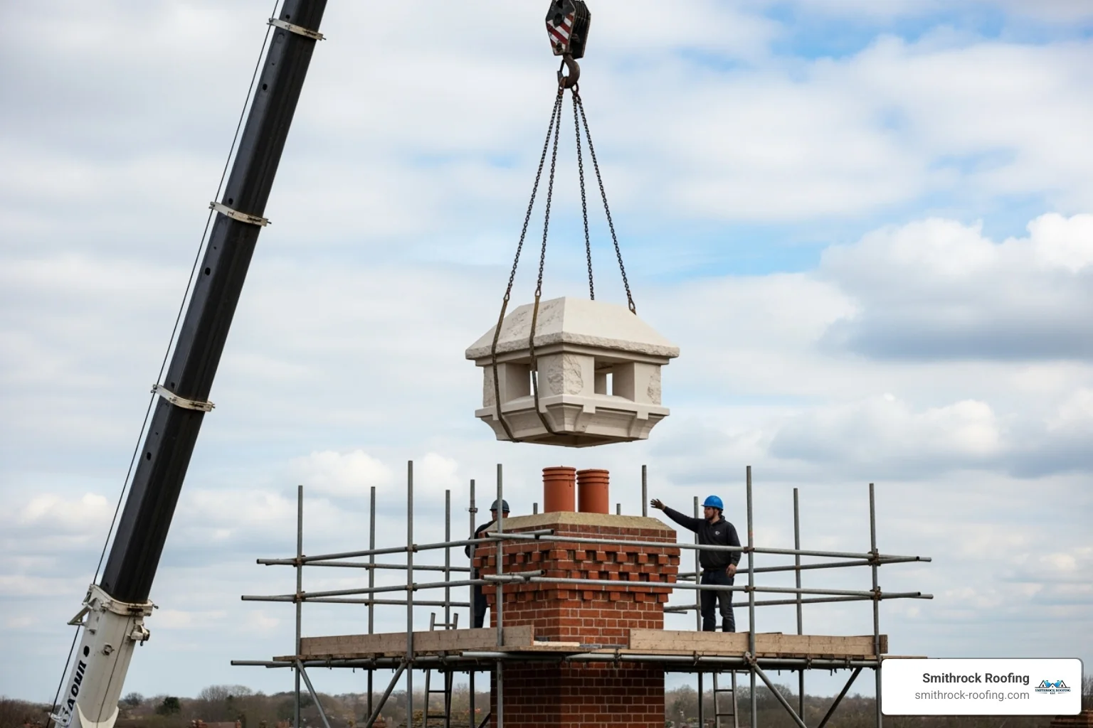 Crane lifting a large, custom-cut limestone chimney cap into place on top of a tall chimney, with scaffolding around the structure - limestone chimney cap Crane installing a custom-cut limestone chimney cap onto a tall chimney surrounded by scaffolding