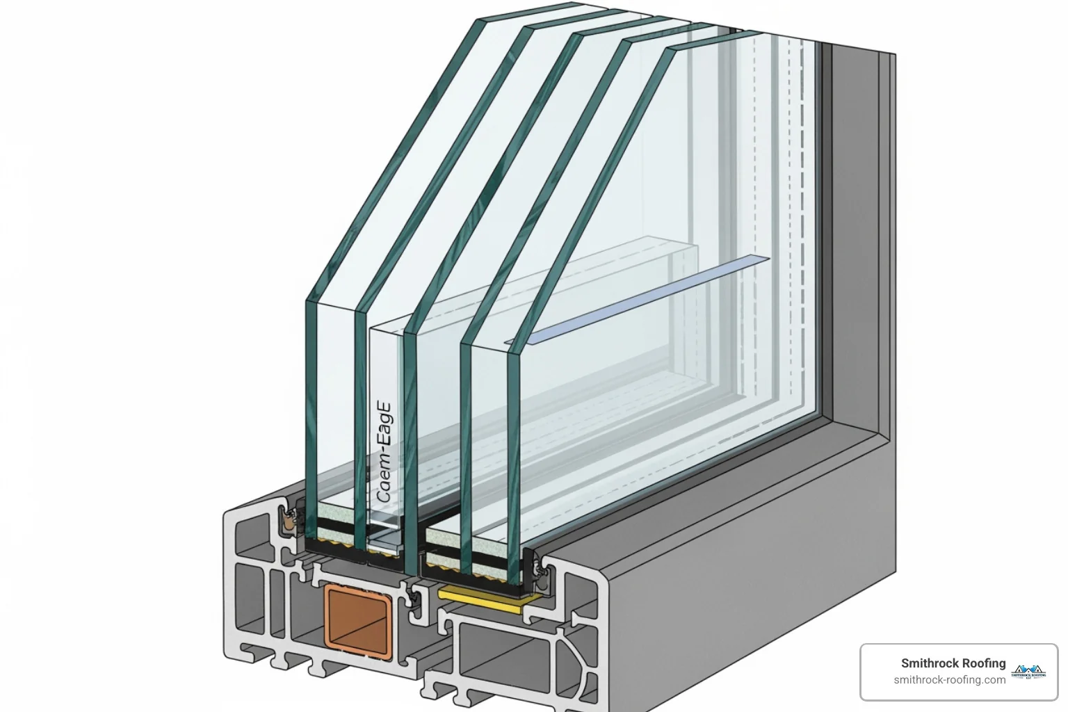 detailed cross-section of a high-performance insulated window, labeling the glass panes, Low-E coatings, gas fill, and warm-edge spacer - well insulated windows Cross-section diagram of well insulated windows showing Low-E coatings, gas fill, warm-edge spacer, and dual glass panes.