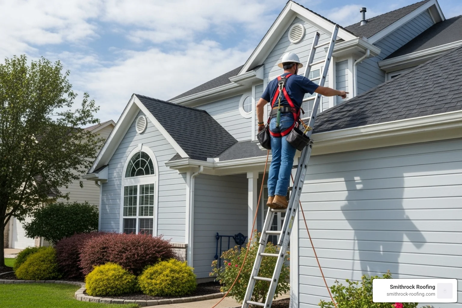 Roofer safely inspecting a roof on a ladder - roofers with free estimates Roofer safely inspecting a roof on a ladder - roofers with free estimates