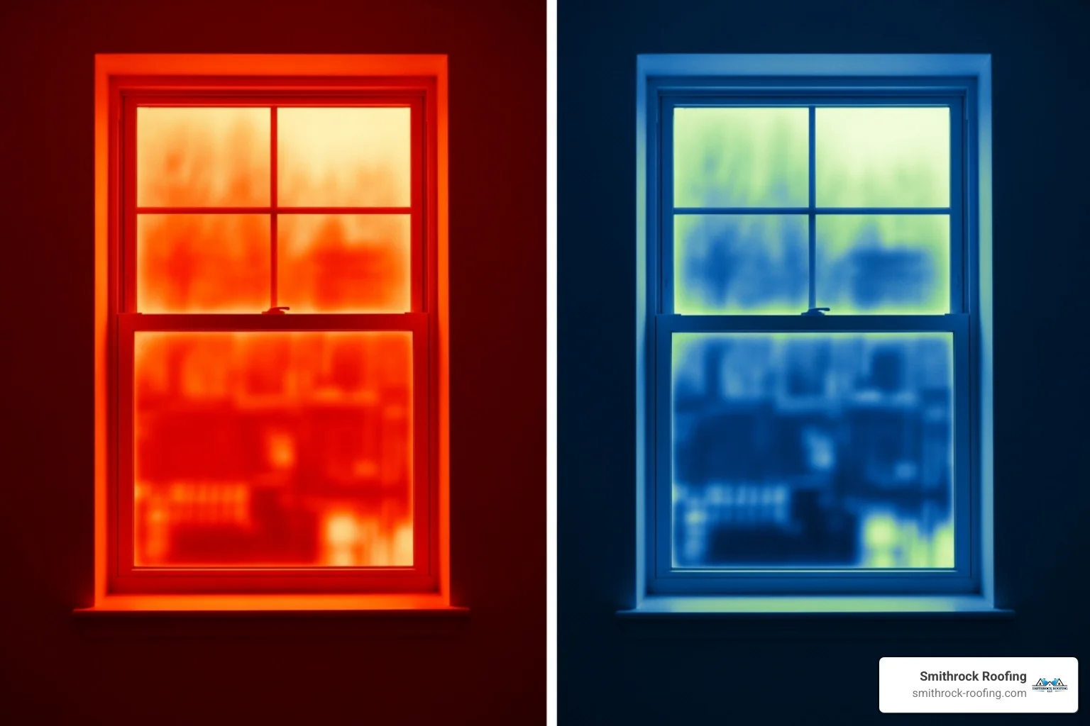 Thermal camera comparison showing significant heat loss through a single-pane window versus minimal loss through an insulated window. The single-pane window glows red and orange, indicating heat escaping, while the insulated window shows cooler blue and green tones, indicating effective heat retention. - insulated windows Thermal camera comparison showing heat loss through single-pane vs. insulated windows, with red tones versus cool blue hues.