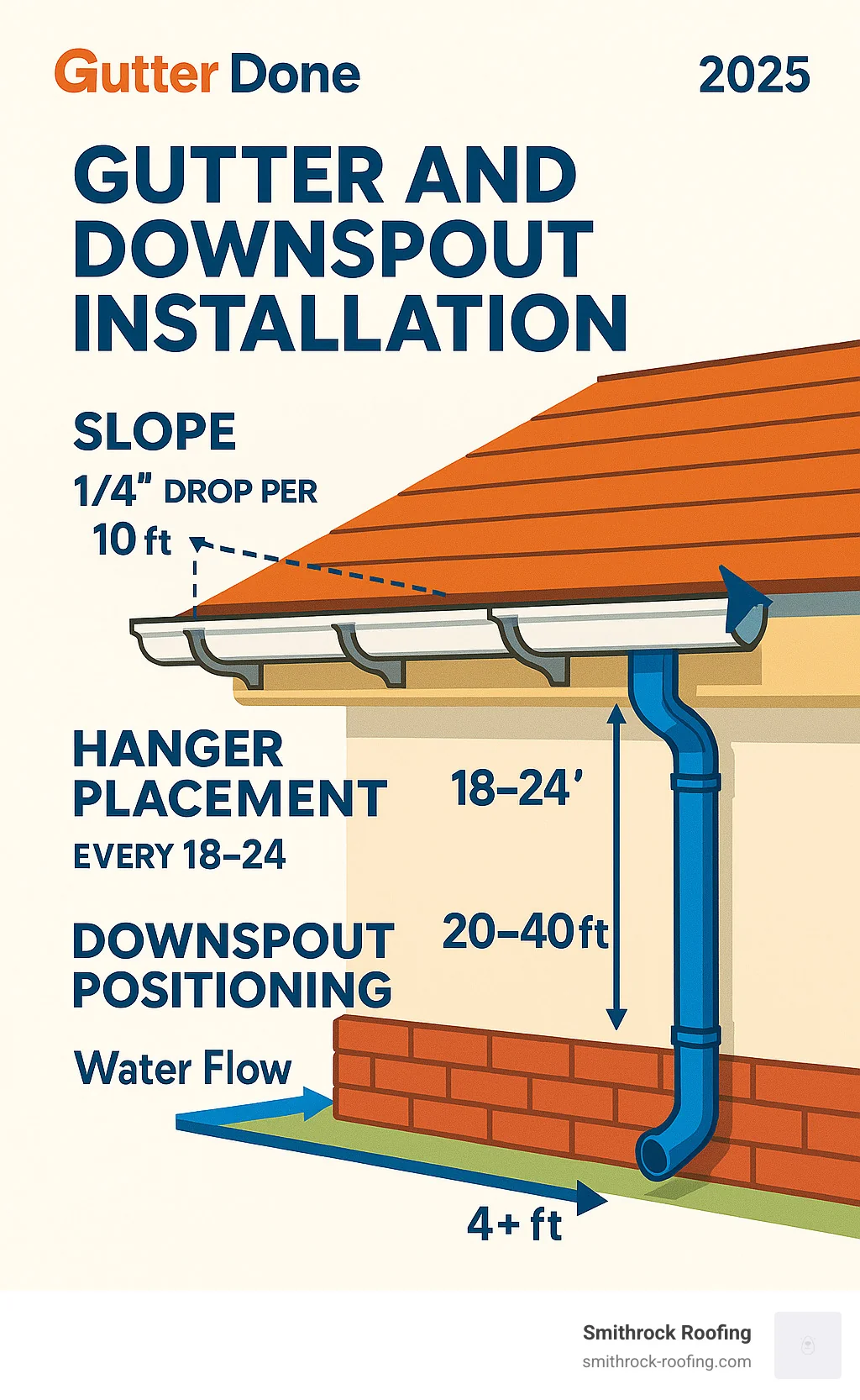 Comprehensive gutter installation process showing proper slope calculation, hanger placement every 18-24 inches, downspout positioning every 20-40 feet, and water flow direction away from foundation with measurements and angles clearly labeled - gutter and downspout installation infographic Gutter installation infographic showing slope angles, hanger spacing, and downspout placement for proper water drainage away