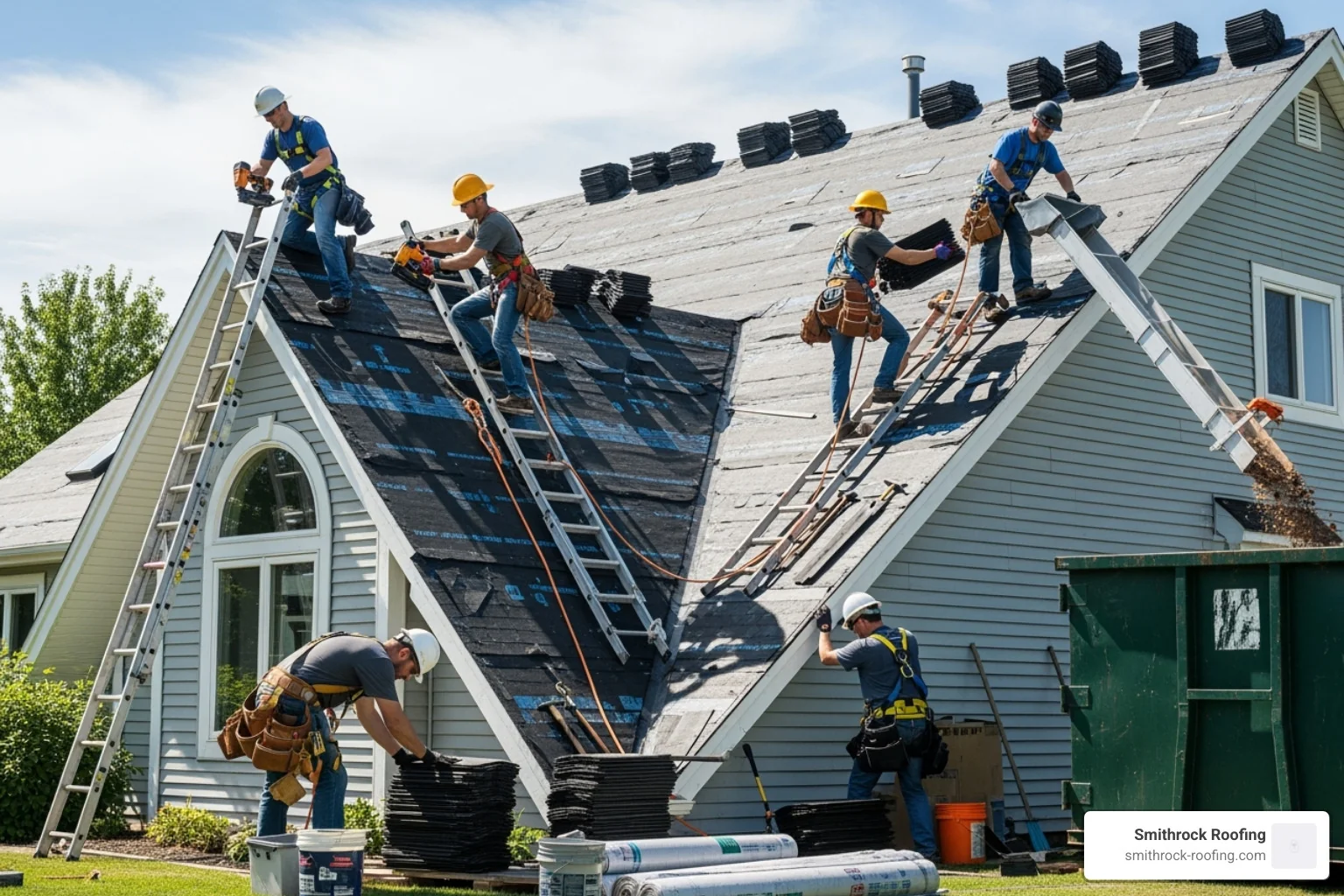 professional roofing crew working safely on a roof - shingle roof replacement NC professional roofing crew working safely on a roof - shingle roof replacement NC