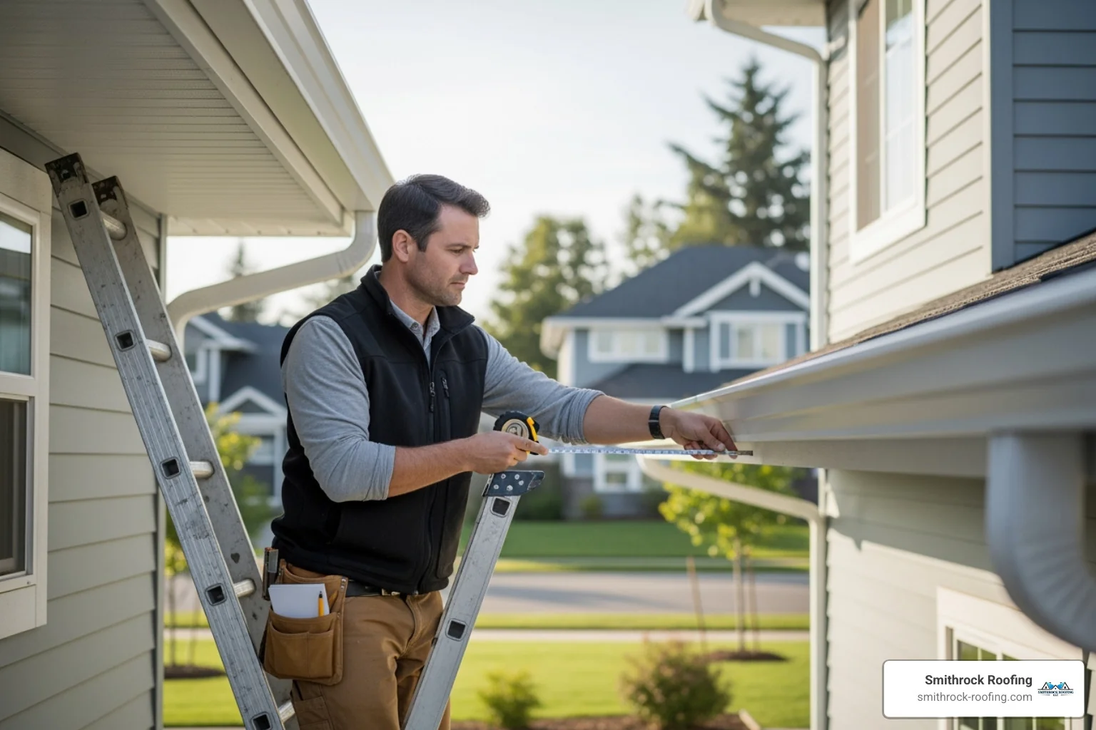 A professional measuring a gutter run before providing a quote - cost of cleaning gutters and downspouts A professional measuring a gutter run before providing a quote - cost of cleaning gutters and downspouts