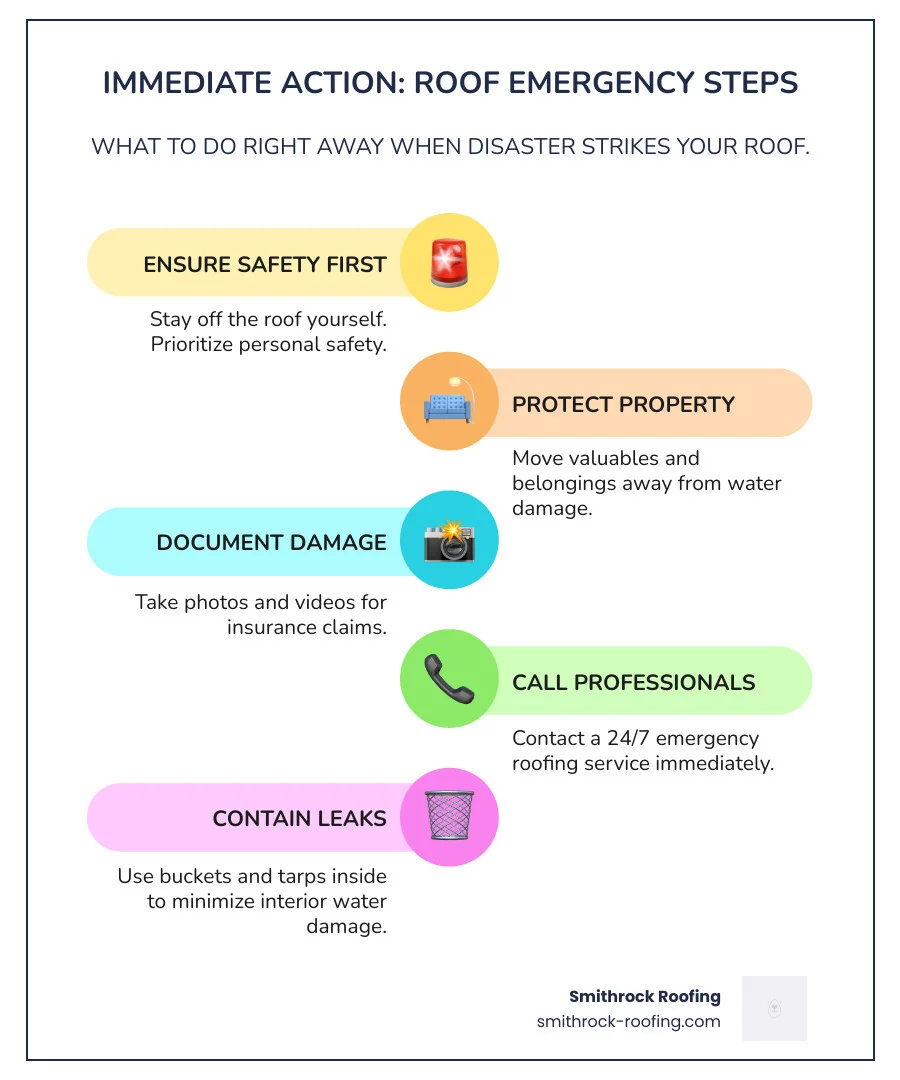 Infographic outlining 5 emergency roof repair steps: evacuate, protect valuables, collect water, document damage, call profes