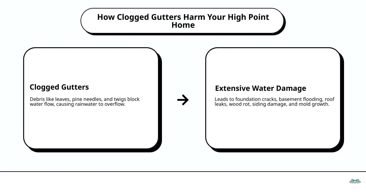 Infographic showing how clogged gutters cause water damage: arrows depicting water overflowing from blocked gutters, pooling at foundation causing cracks, backing up under shingles causing roof leaks, and cascading down siding causing stains and wood rot, with clear labels for each problem area - High Point gutter guard infographic cause_effect_text Infographic showing clogged gutters causing foundation cracks, roof leaks, and siding rot in High Point homes