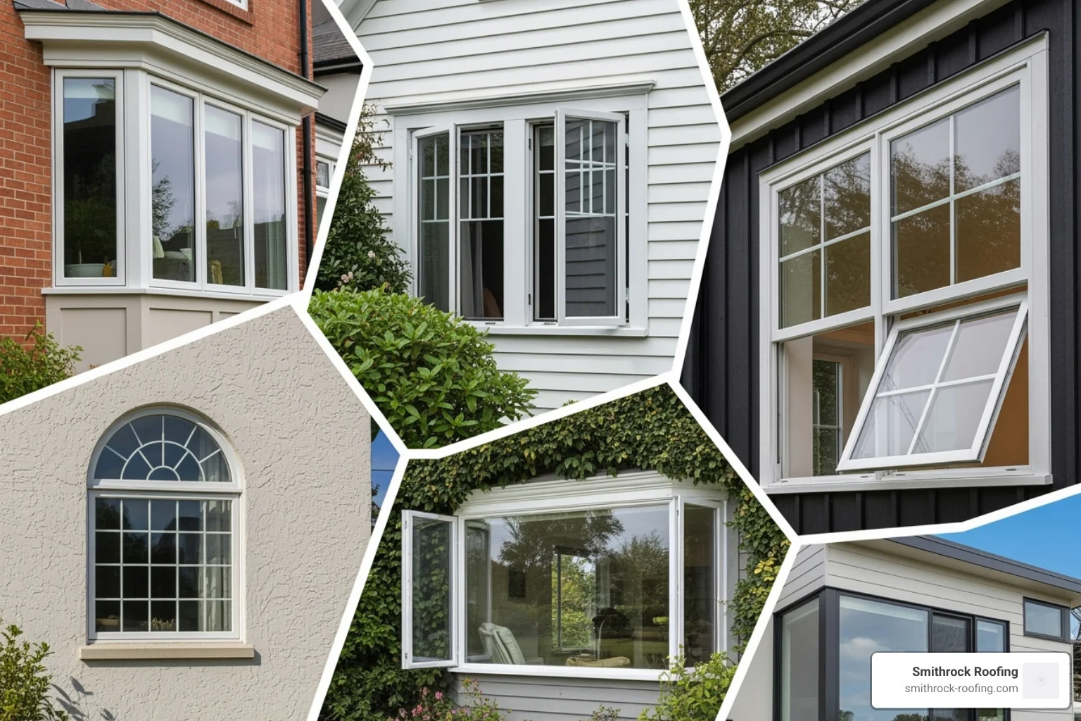 Collage of different window styles like bay, casement, and double-hung - cost to replace windows Collage of different window styles like bay, casement, and double-hung - cost to replace windows