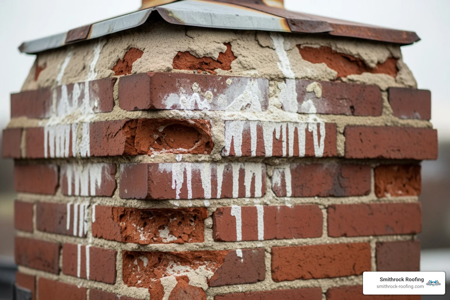 Water damage and efflorescence on chimney masonry - 13x13 chimney cap Water damage and efflorescence on chimney masonry - 13x13 chimney cap