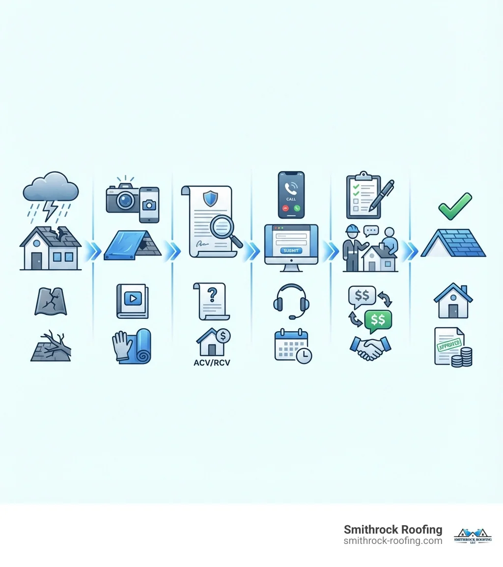 Infographic showing the 6 key stages of a roof insurance claim process: Stage 1 - Damage Occurs (storm icon with damaged roof), Stage 2 - Document and Protect Property (camera and tarp icons), Stage 3 - Review Insurance Policy (policy document with magnifying glass), Stage 4 - File Claim with Insurer (phone and computer icons), Stage 5 - Adjuster Inspection and Negotiation (clipboard with house inspection), Stage 6 - Approved Claim and Roof Replacement (new roof with checkmark). Arrows connect each stage in sequential order, with key action items listed under each stage. - roof replacement insurance claim infographic Infographic outlining 6 key stages of a roof insurance claim process, from storm damage to approved roof replacement.