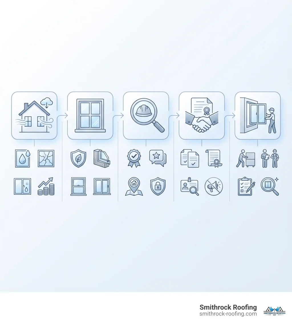 5-step window replacement process infographic: identify needs, choose windows, find local installers, vet and hire, then insp