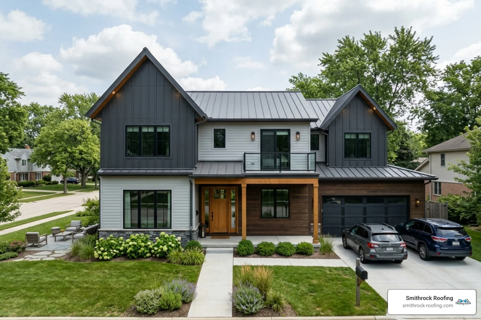 A contemporary home featuring a mix of horizontal lap siding and vertical board-and-batten accents on the gables - new A contemporary home featuring a mix of horizontal lap siding and vertical board-and-batten accents on the gables - new
