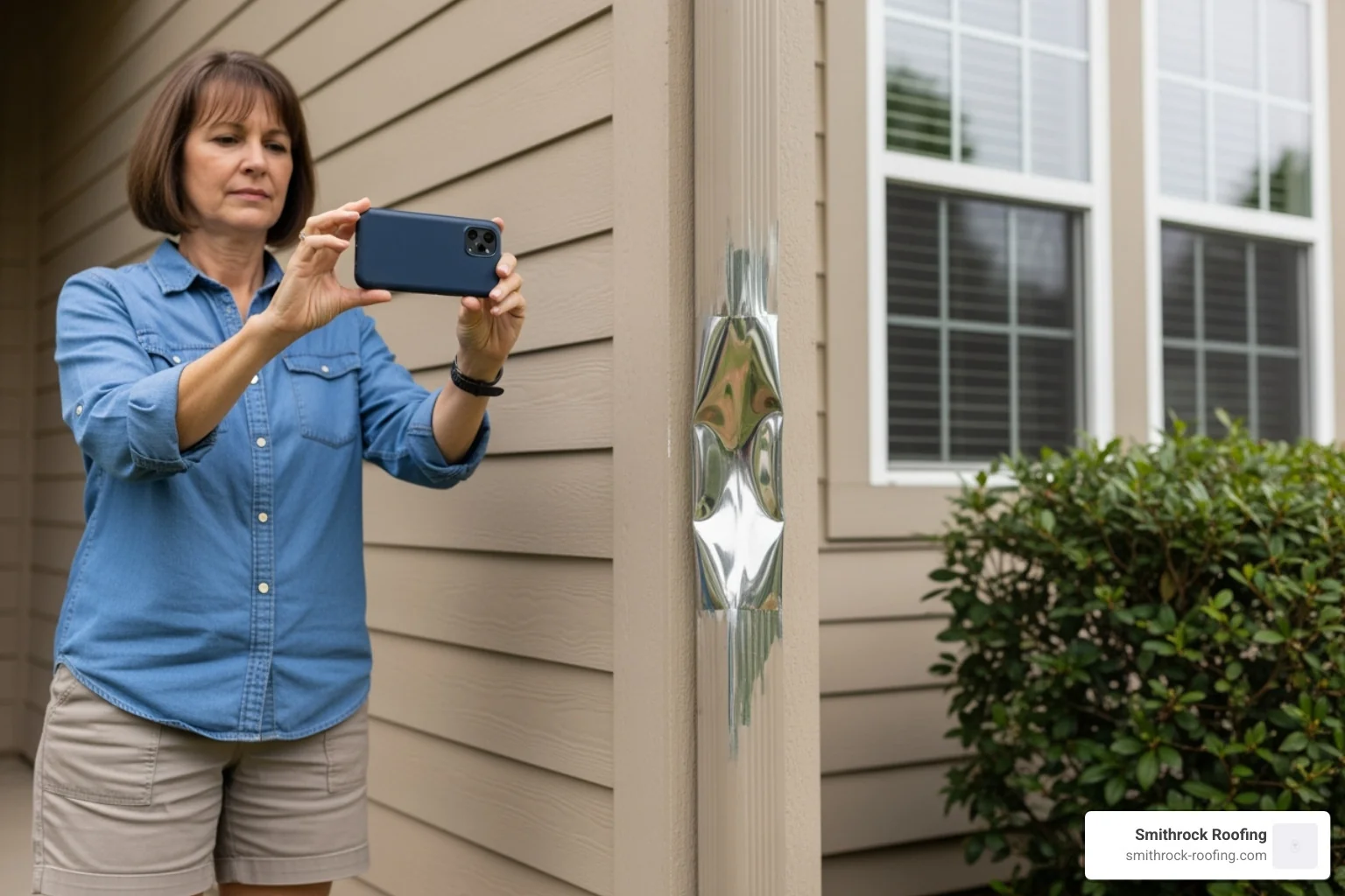 A homeowner taking a picture of a dented downspout with their phone, highlighting the importance of visual documentation - hail damage home repair Homeowner photographing dented downspout to document hail damage before starting home repair