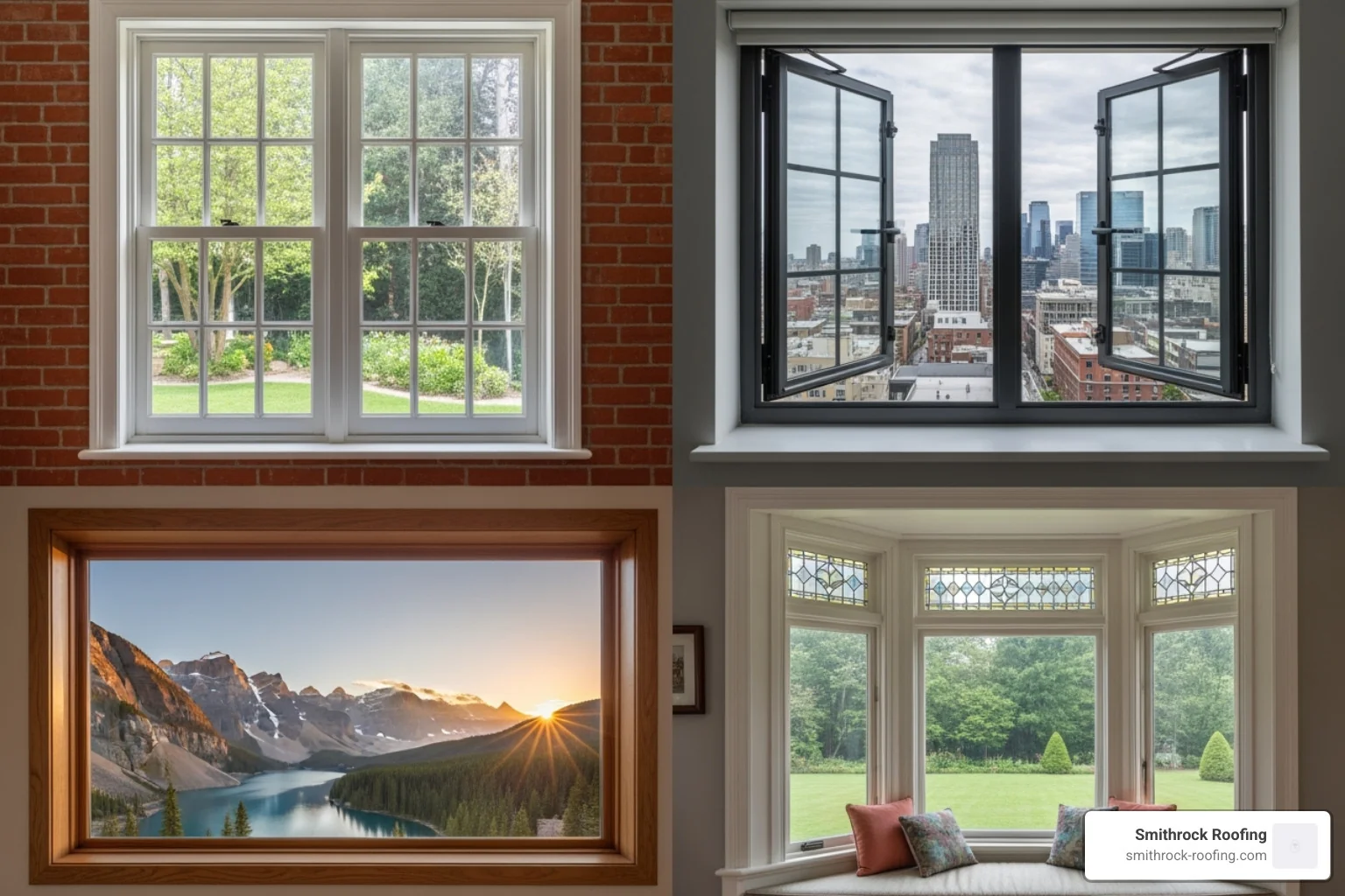 A collage of different window styles including double-hung, casement, picture, and bay windows. - window and door replacement A collage of different window styles including double-hung, casement, picture, and bay windows. - window and door replacement