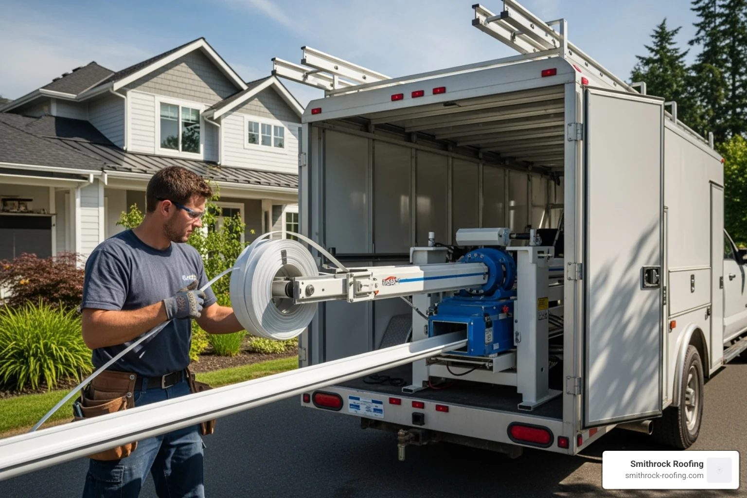 Professional installer using a seamless gutter machine on a truck - gutter installation services near me Professional installer using a seamless gutter machine on a truck - gutter installation services near me