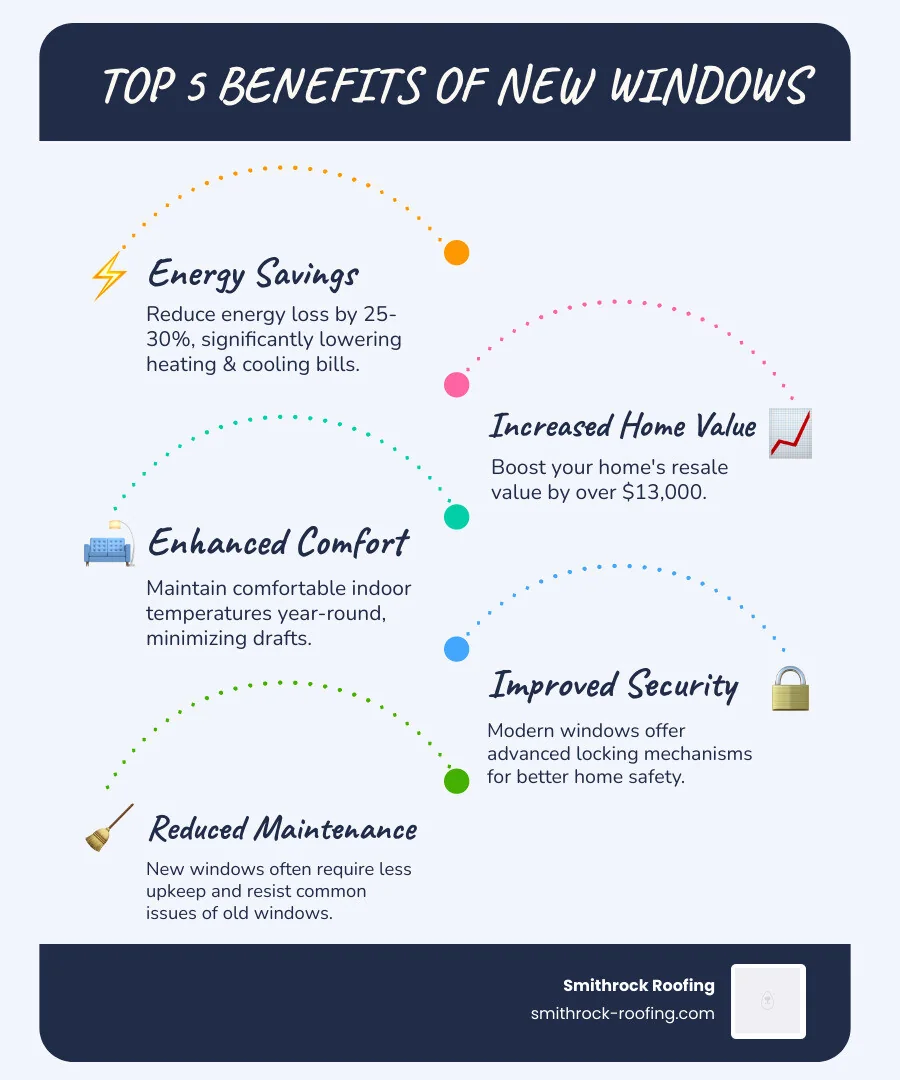Comprehensive infographic showing the top 5 benefits of window replacement for homeowners including energy savings percentages, home value increase statistics, comfort improvements, security improvements, and maintenance reduction compared to old windows - window replacement winston salem infographic infographic-line-5-steps-blues-accent_colors Infographic highlighting 5 key benefits of window replacement in Winston-Salem: energy savings, home value, comfort, security