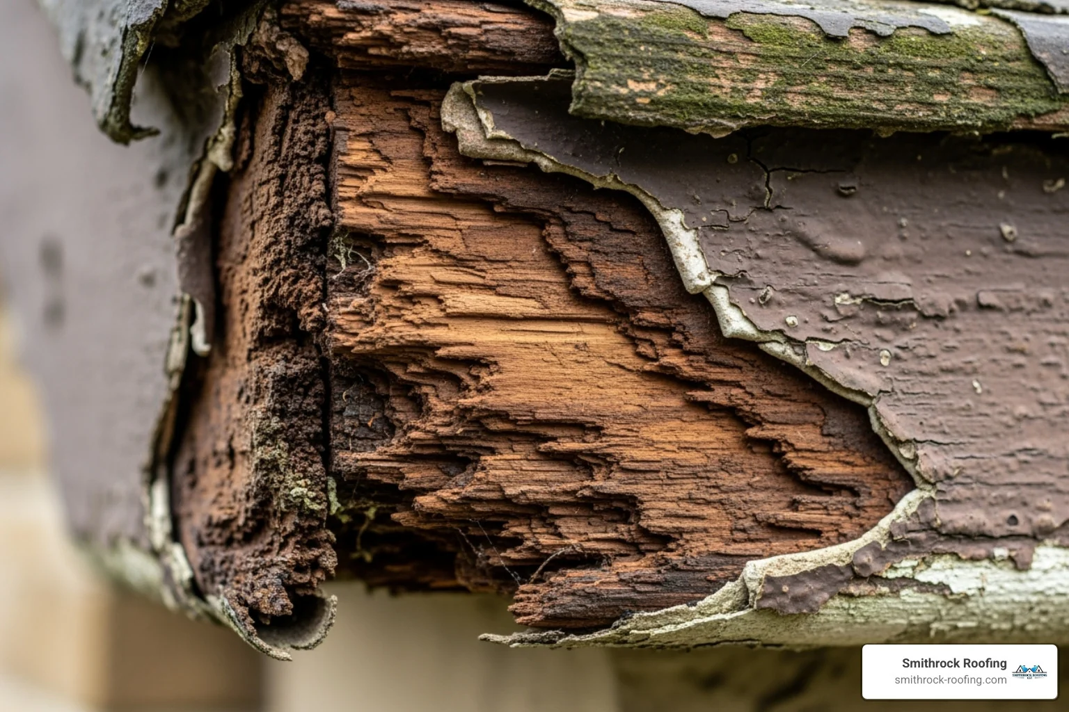 Severely rotting wooden fascia board with peeling paint and water damage, showing why new fascia, soffit, and guttering costs