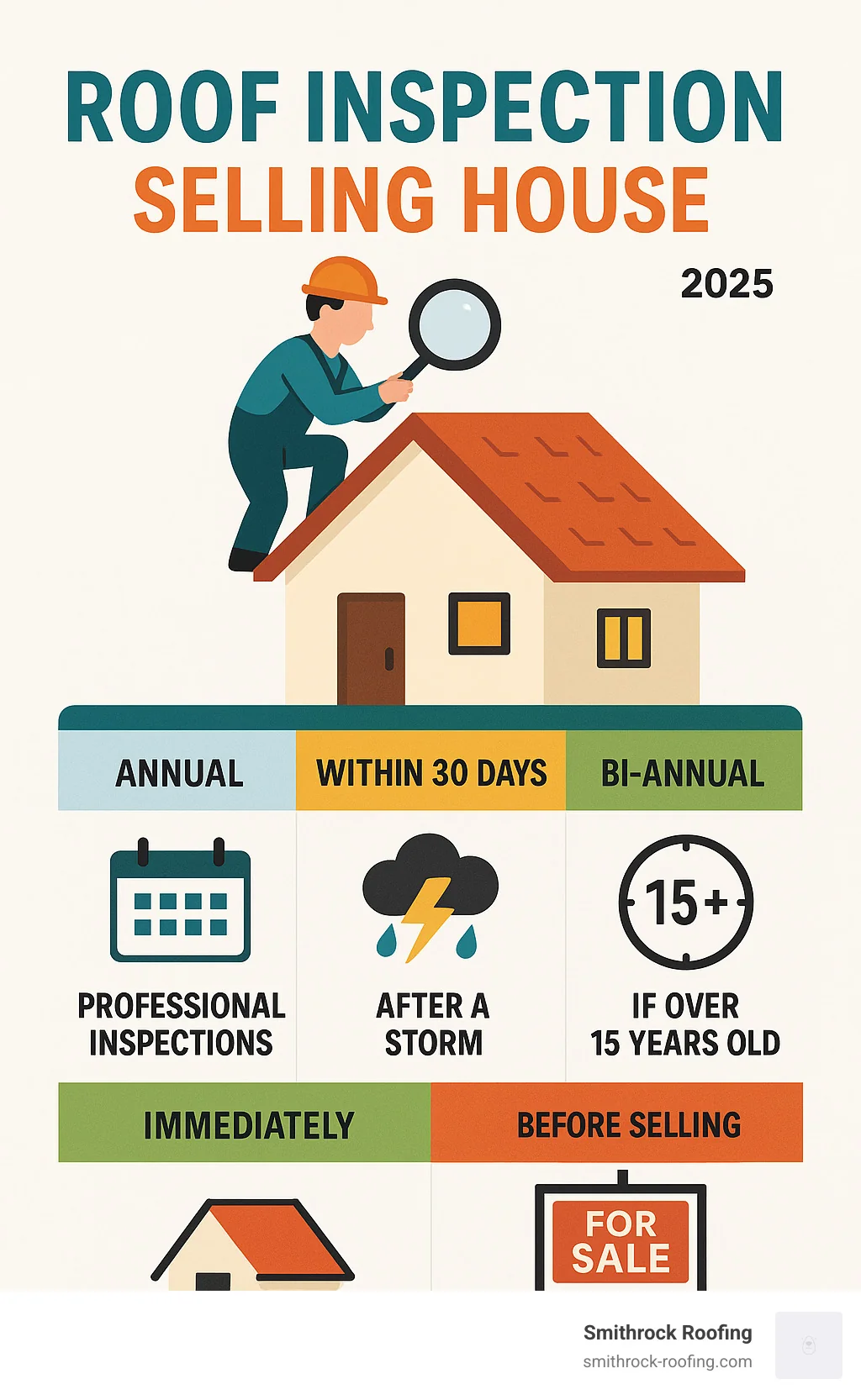 Infographic outlining roof inspection frequency tips, including pre-sale checks—key when selling your house.