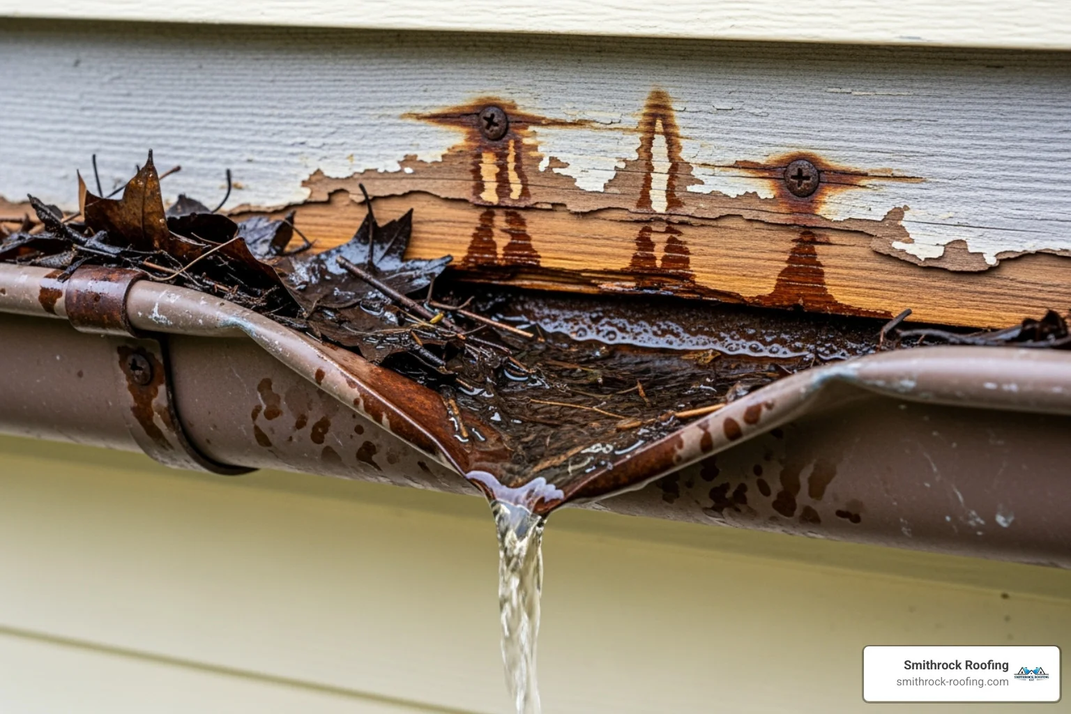 Sagging gutter with visible water stains on the fascia board behind it - gutter repair Winston Salem Sagging gutter with visible water stains on the fascia board behind it - gutter repair Winston Salem