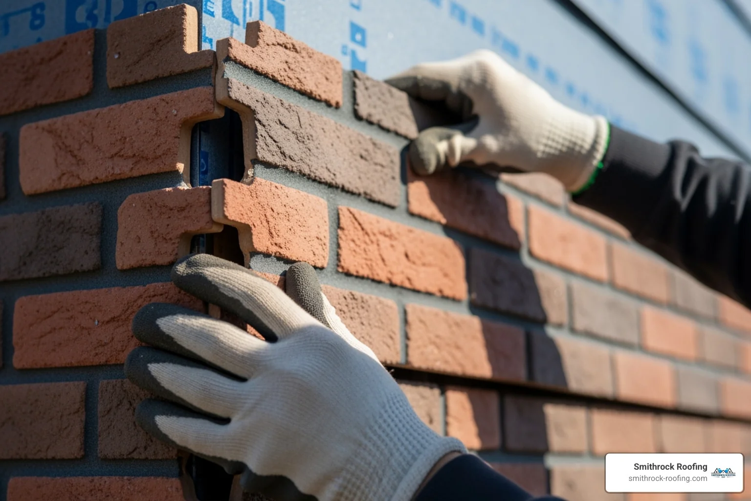 professional installer fitting an interlocking brick veneer vinyl panel onto a wall - brick veneer vinyl siding professional installer fitting an interlocking brick veneer vinyl panel onto a wall - brick veneer vinyl siding