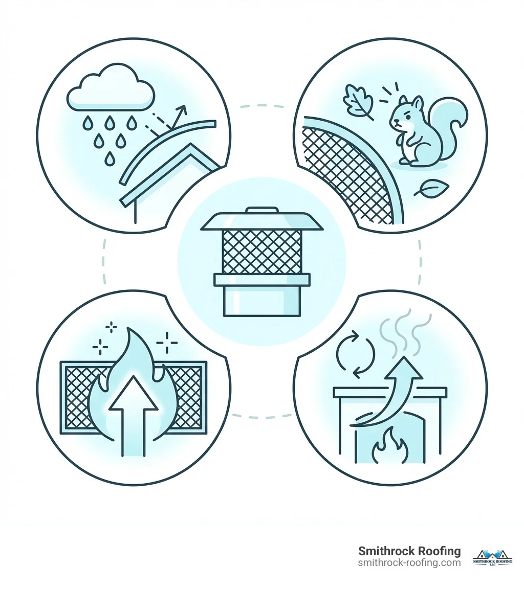 Infographic detailing the four primary functions of a chimney cap: preventing water intrusion, blocking animals and debris, arresting sparks, and improving draft. - chimney cap problems infographic Infographic showing four chimney cap functions: blocking water, animals, debris, sparks, and improving draft to prevent chimn
