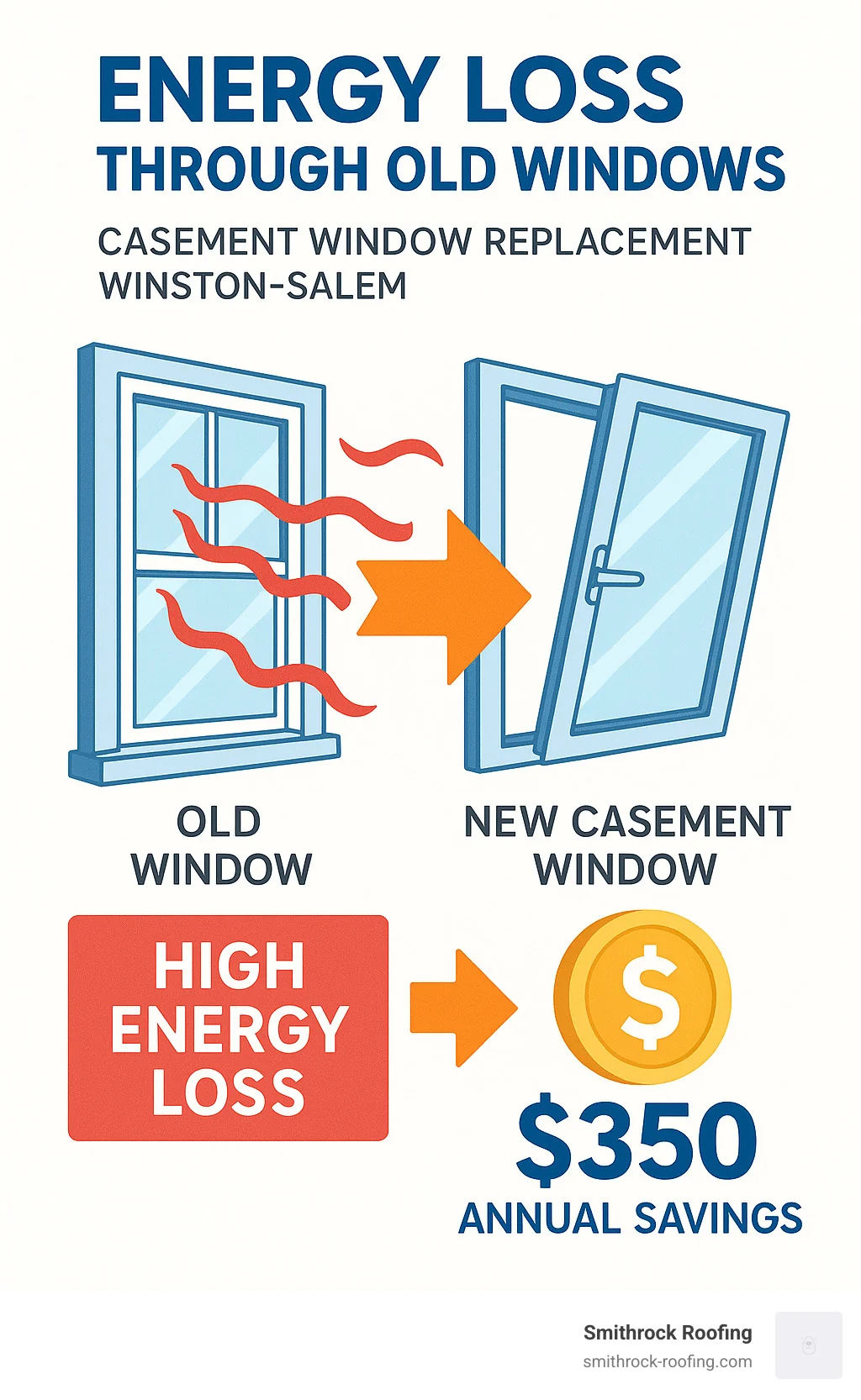 Infographic detailing energy loss through old windows and potential savings from casement window replacement - casement windows replacement winston salem infographic Infographic showing energy loss through old windows and savings from casement window replacement in Winston-Salem homes.
