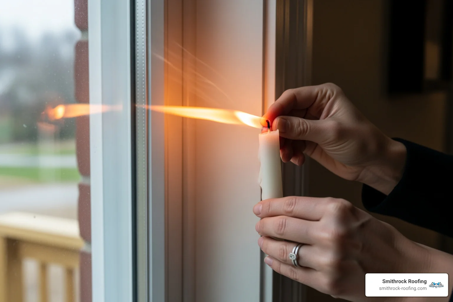 person performing a candle test near a window to detect air leaks - best way to block drafty windows