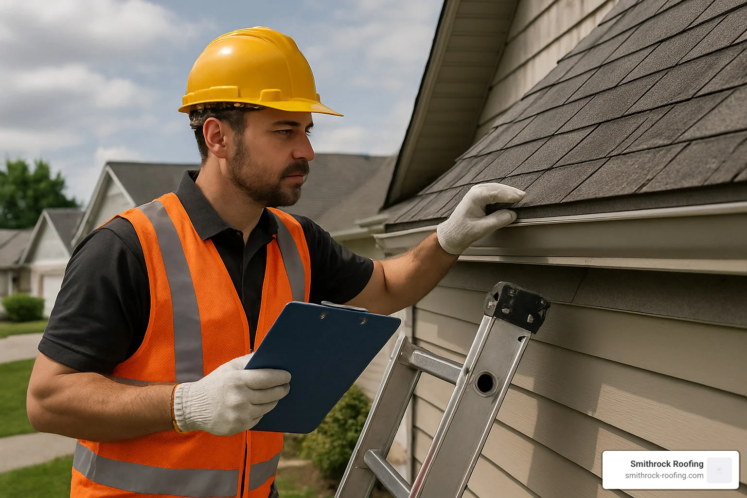 Professional inspector on ladder examining roof condition - roof inspection selling house