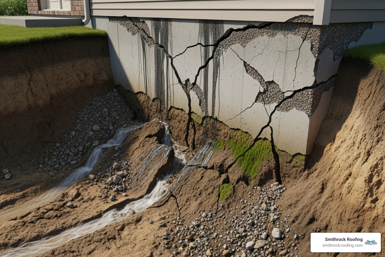 Water damage to a foundation caused by faulty gutters, showing cracks in the concrete and erosion of soil around the base of a house. - exterior gutters Cracked foundation and eroded soil caused by faulty exterior gutters failing to divert water away from a home.