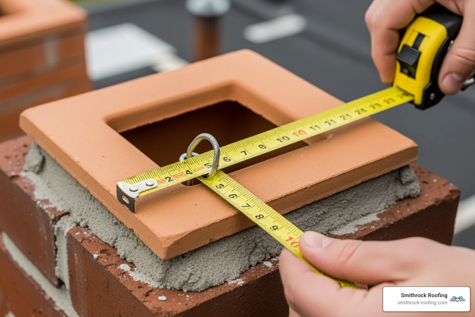 A person using a tape measure to determine the outside dimensions of a square clay flue tile - 13x13 chimney cap A person using a tape measure to determine the outside dimensions of a square clay flue tile - 13x13 chimney cap