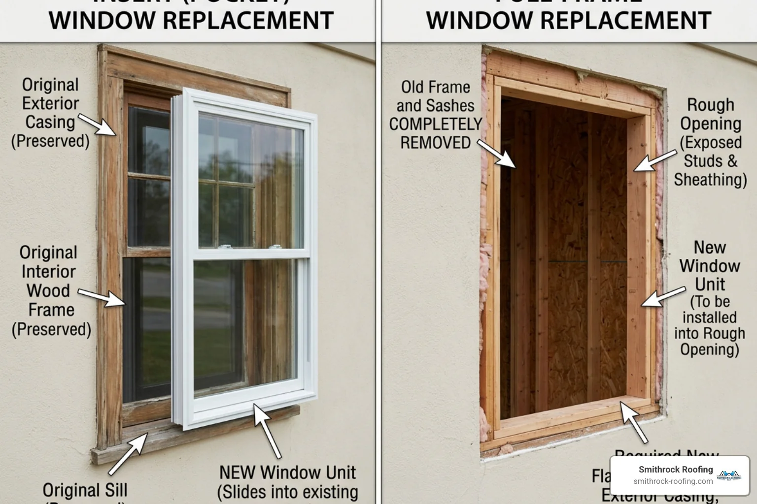 Diagram showing the difference between insert and full-frame window installation - replace a window