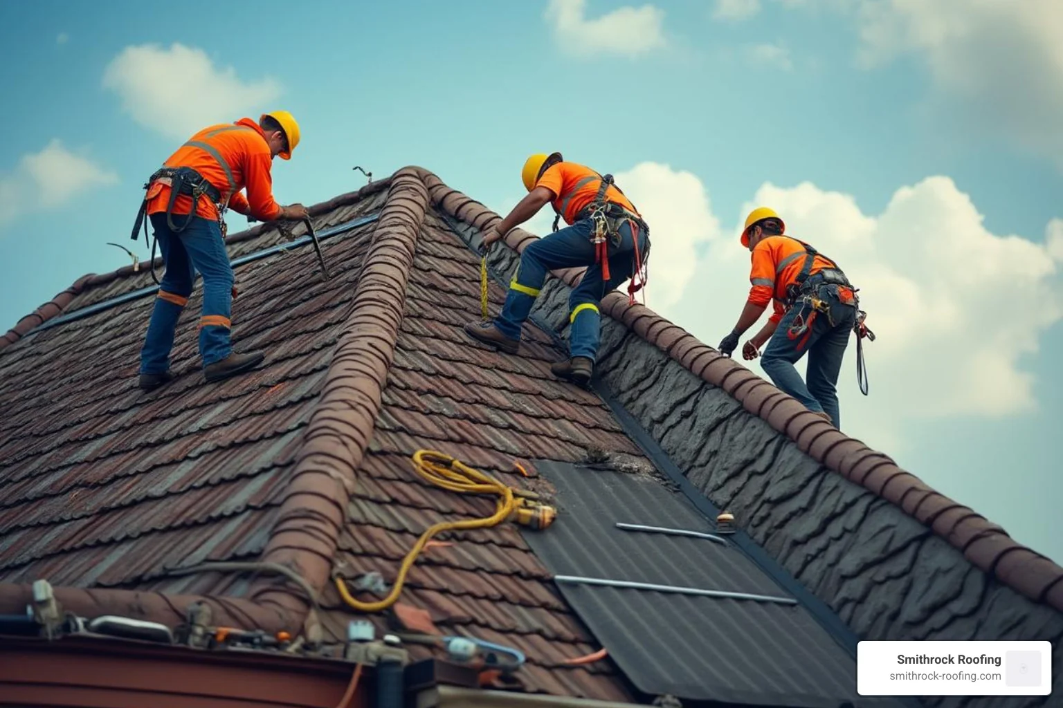 Roofers working on a steep-pitched roof - new roof cost
