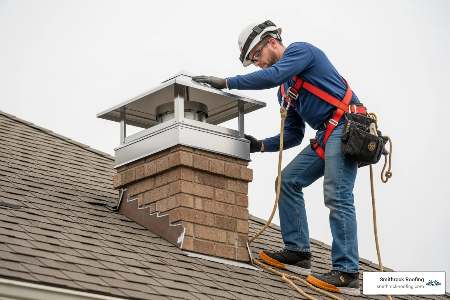 professional roofer safely installing custom chimney cap - types of chimney cap replacement professional roofer safely installing custom chimney cap - types of chimney cap replacement