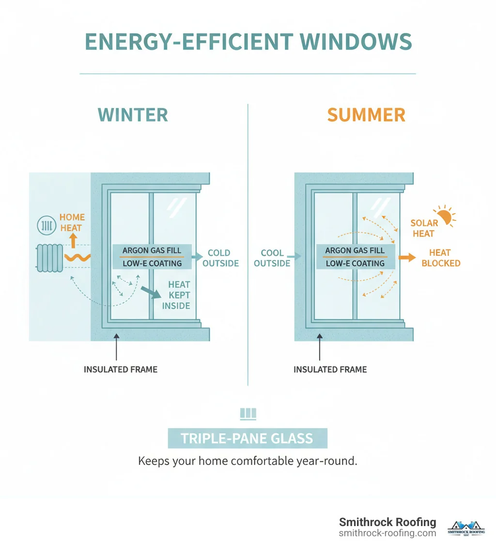 Infographic showing a side-by-side comparison of how energy-efficient windows work in winter and summer, with arrows depicting heat flow being blocked by Low-E coatings and gas fills between panes, keeping warm air inside during winter and blocking solar heat during summer, plus callouts for key components like triple-pane glass, argon gas, and insulated frames - energy efficient window upgrades infographic Infographic comparing energy efficient window upgrades in winter vs. summer, showing Low-E coatings, argon gas, and triple-pa