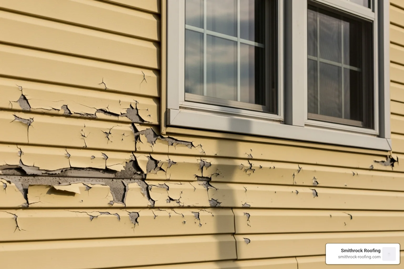 Cracked vinyl siding next to a window, showing common hail damage to siding - hail damage home repair Cracked vinyl siding next to a window, showing common hail damage to siding - hail damage home repair