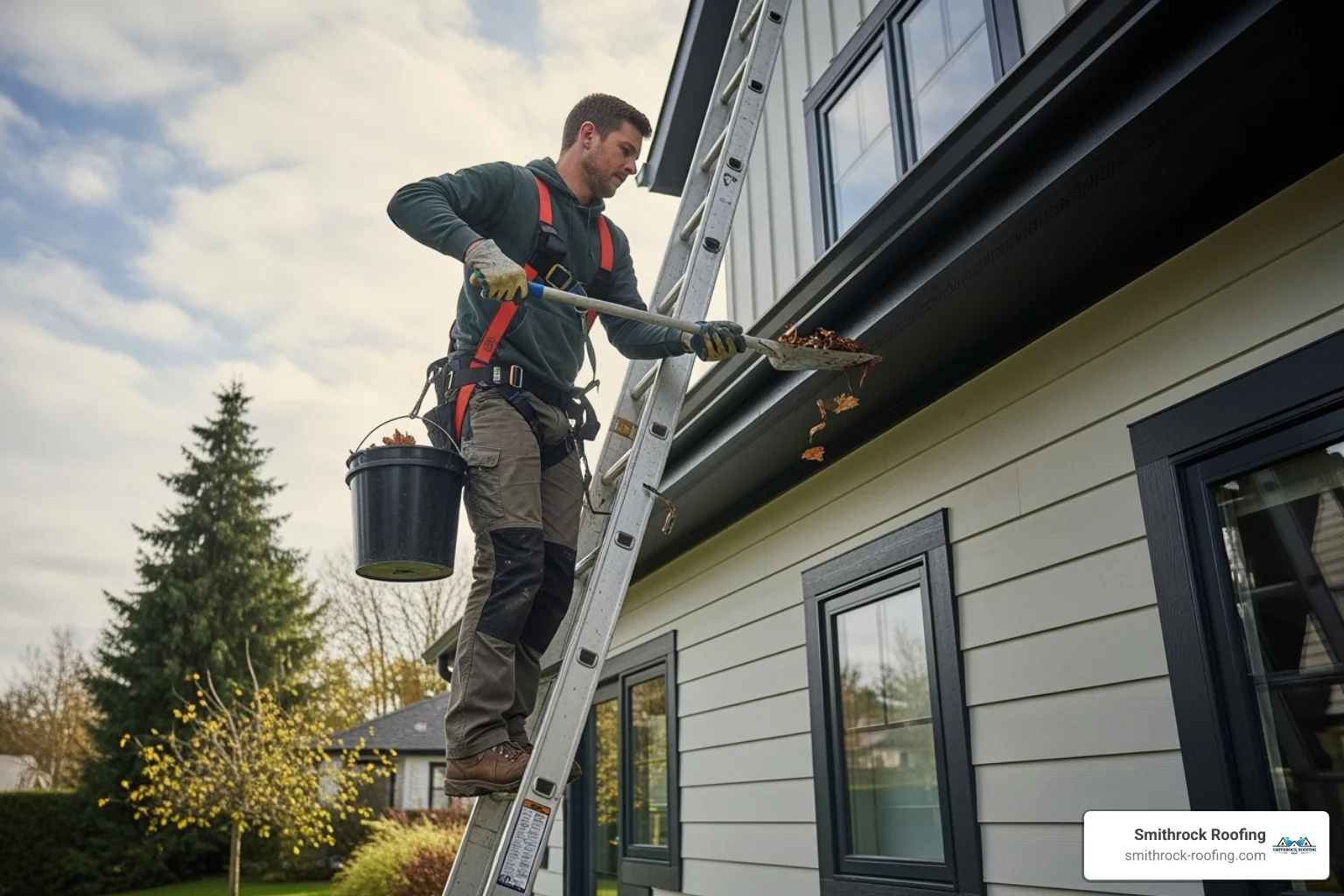 A professional safely working on a ladder on a two-story home - cost of cleaning gutters and downspouts A professional safely working on a ladder on a two-story home - cost of cleaning gutters and downspouts
