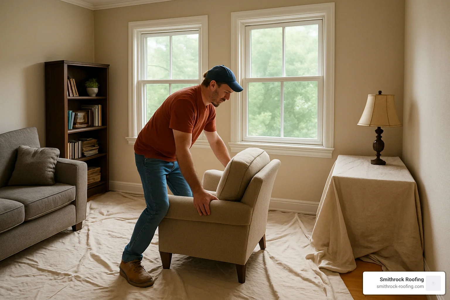Homeowner preparing room for window installation by moving furniture and protecting floors - best time to replace windows