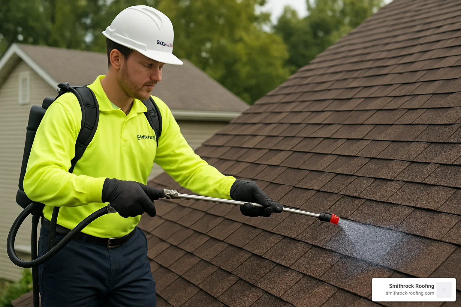 Applying Roof Maxx rejuvenation spray to extend asphalt shingle life Applying Roof Maxx rejuvenation spray to extend asphalt shingle life