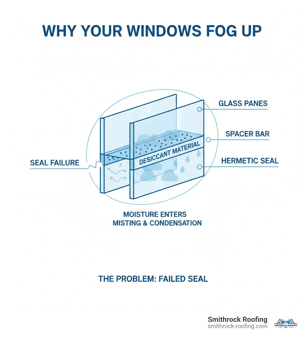 infographic showing cross-section of double-glazed window with labeled parts including two glass panes, spacer bar, desiccant material, hermetic seal, and arrows indicating how seal failure allows moisture to enter between panes causing misting and condensation - replacing misted double glazed units near me infographic Cross-section infographic of double-glazed window showing how seal failure causes misting, key to understanding replacement c